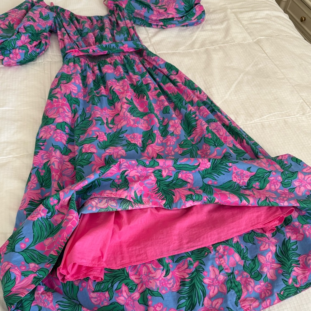 Lilly Pulitzer Pink & Green Floral Off-Shoulder Midi Dress - Picture 10 of 14
